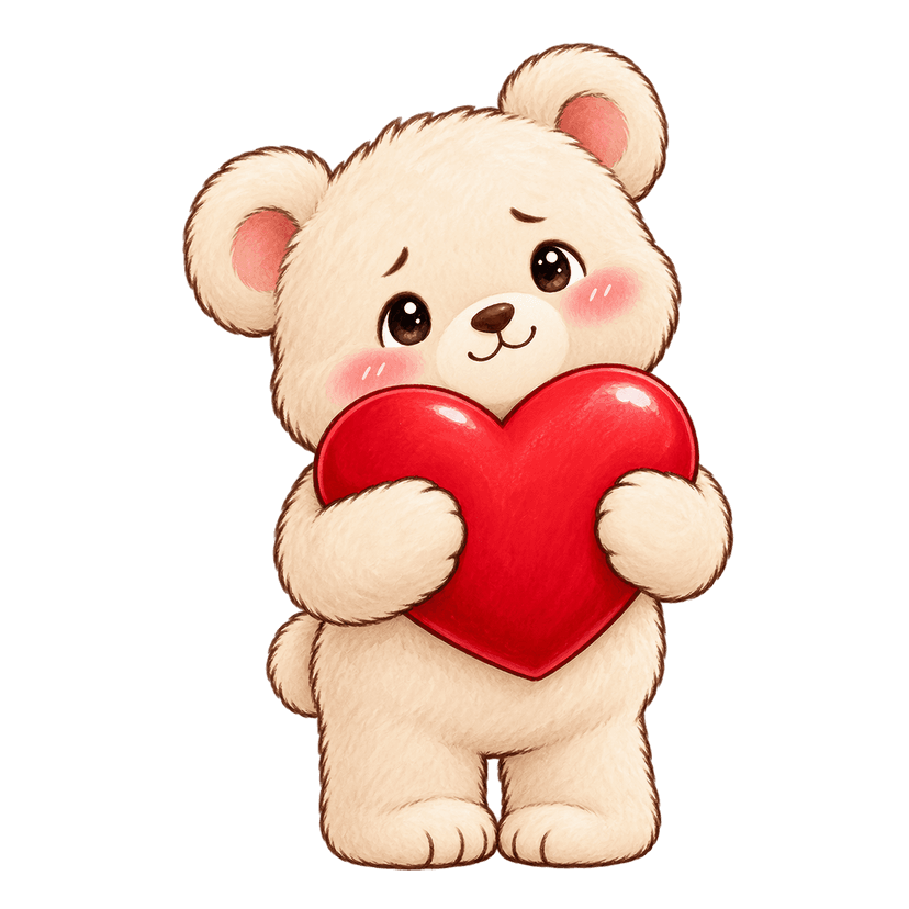 A cute bear holding a red heart